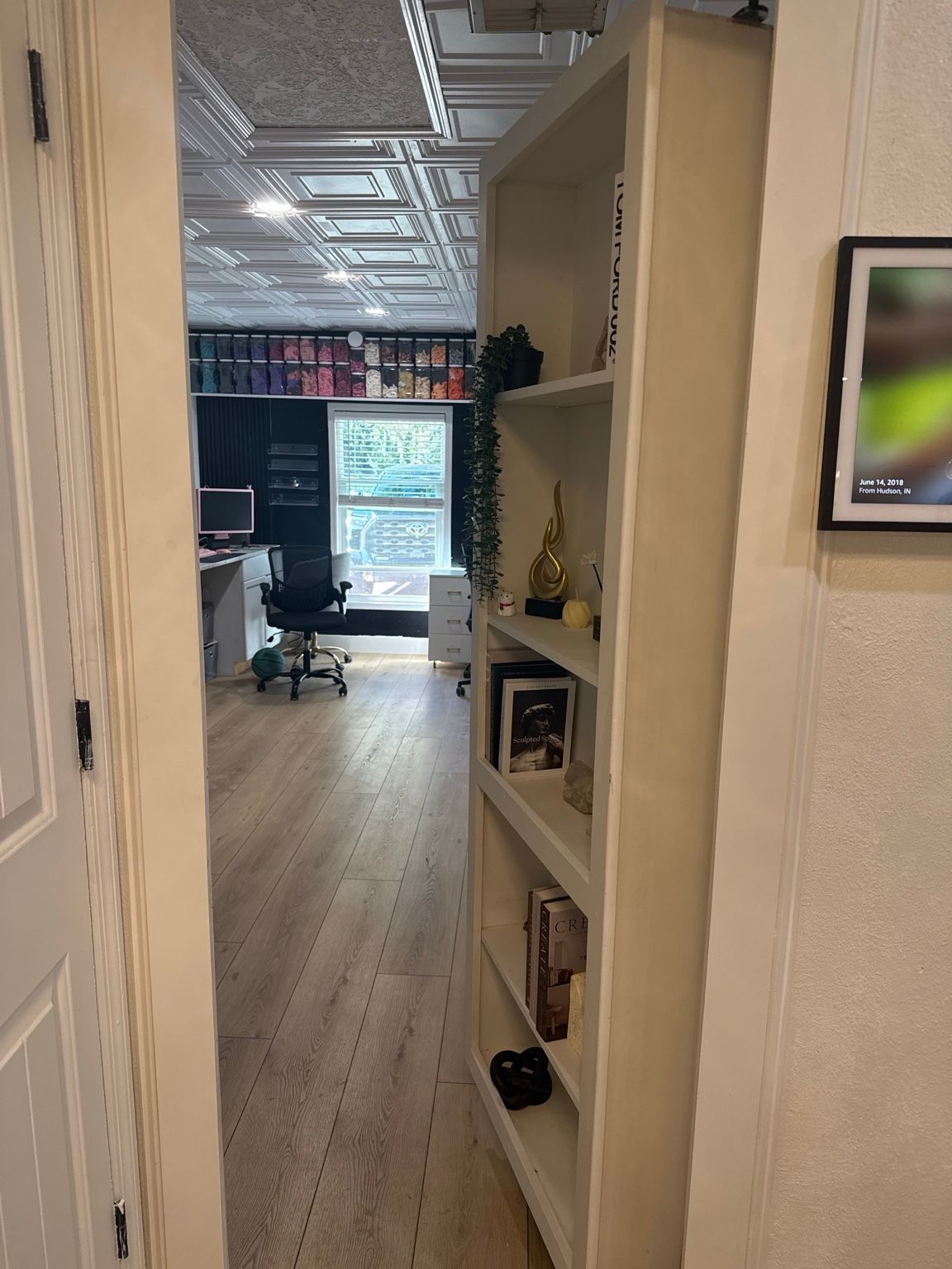 Hidden bookcase door, open, in the actual home