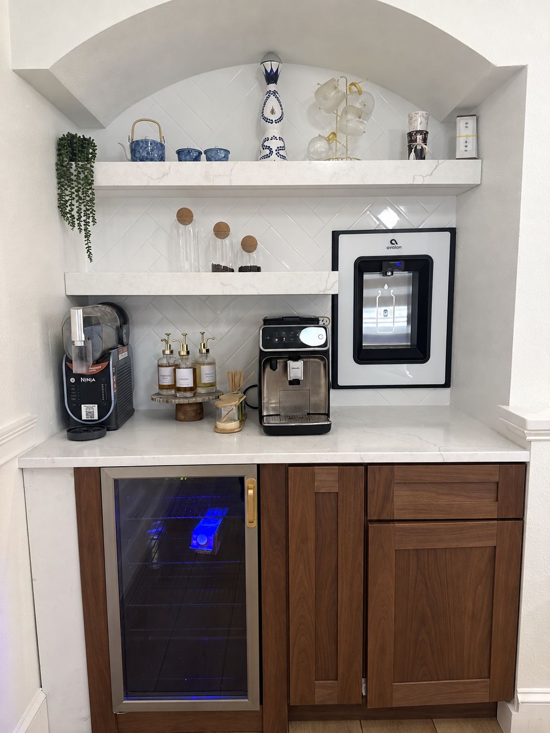 Custom coffee bar: Walnut finish, an AI-edited design concept based on this project