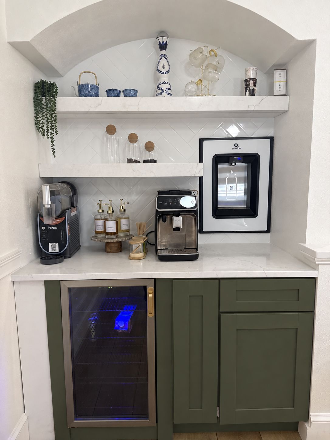Custom coffee bar: Olive finish, an AI-edited design concept based on this project
